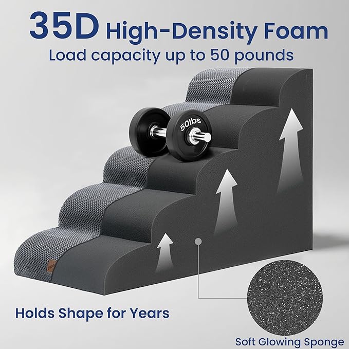 GoGoBunny Ramp Dog Stairs for High Beds 22.6" H, 5-Step Dog Slope Stairs with Durable Waterproof Fabric Cover, Pet Steps for Old Large Dogs Climbing, Non-Slip Sturdy Indoor Step, Grey