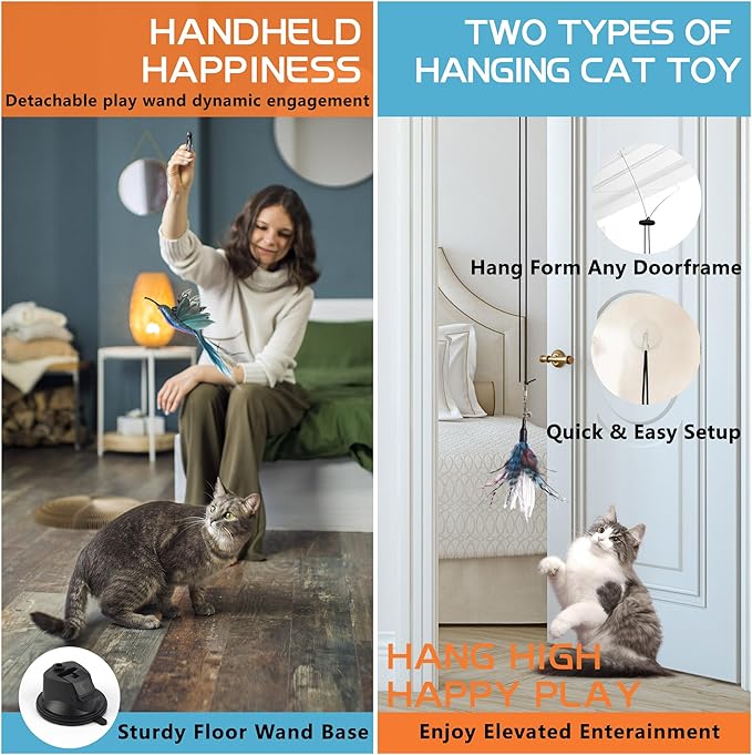 4-in-1 Interactive Cat Wand Feather Toys,Wand Self-Holding Suction Cups Base,Include Detachable 2 Simulation Bird Toy and 3 Feathers Toys,2 Types Hanging Door Kitten Toy
