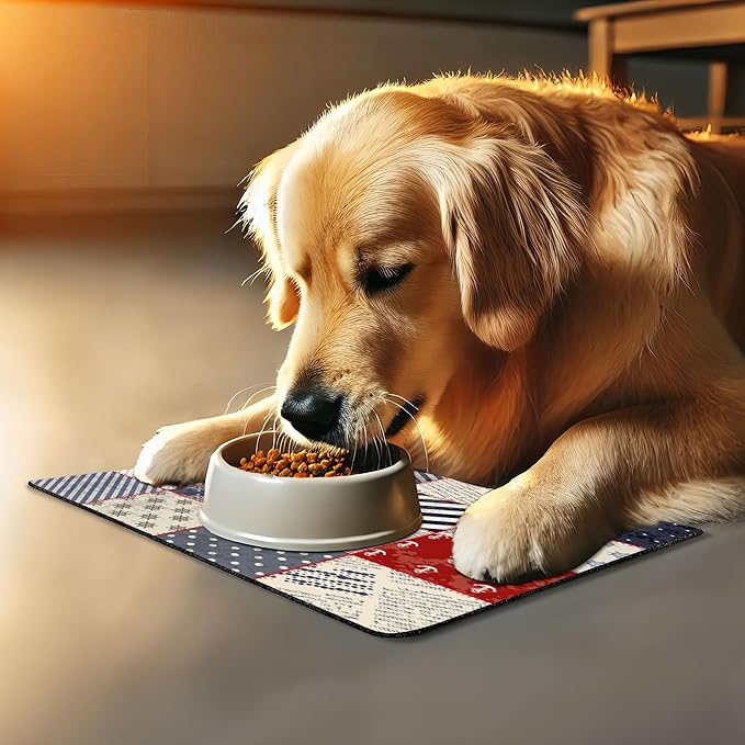 Lunarable Nautical Pet Mat for Food and Water, Maritime and Nautical Life Design with Vintage Sailor Knot Anchor Motifs, Non-Slip Rubber Mat for Dogs and Cats, 18" X 12", Vermilion Blue