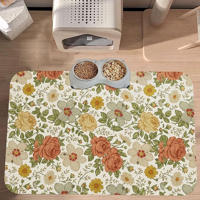 Delicate Floral Dog Food Mat Absorbent Bowl Mats No Stains Quick Dry Waterproof Pet Cat Placemats for Food and Water, 30x45cm