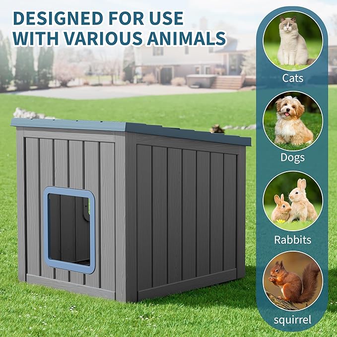 NUNU Outdoor Cat House – Weatherproof & UV Resistant PP Material Shelter with Sloped Asphalt Roof, Durable Cat Condo for Garden, Patio, and Backyard (Blue, Large)