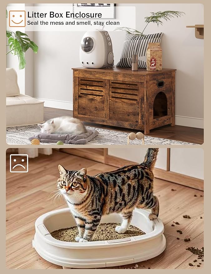 DINZI LVJ Litter Box Enclosure, Flip Top Litter Box Furniture with Good Ventilation, Hidden Cat Washroom, 27.6" L x 19.7" W x 19.7" H, Entrance Can Be on Left or Right, Wooden Cat House, Rustic Brown
