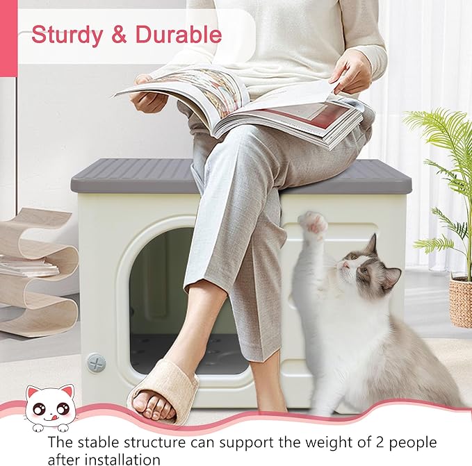 Plastic Cat House for Outdoor Indoor, Waterproof Outdoor Cat House with Escape Door for Feral Cats Outside Cat Shelter for Small Pet, Spacious, Assemble Easily -Grey