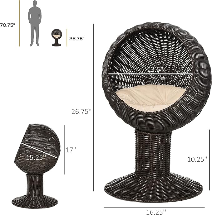 PawHut Elevated Cat Bed with Rotatable Egg Chair Pod, Cat Basket Bed with Thick Cushion, Natural Mat Grass Woven Kitty House, Coffee