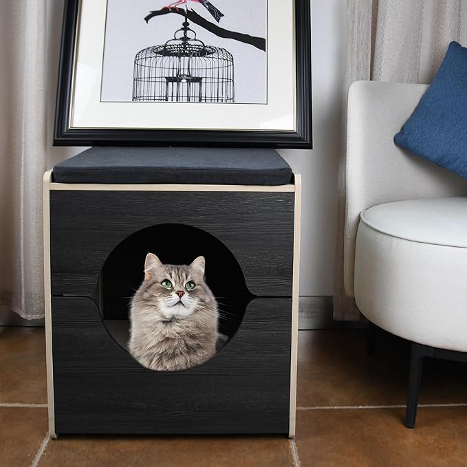 Modern Cat Bed Furniture with Scratching Post - Pull-Out Enclosure & Soft Cushion, Space-Saving Side Table for Indoor Cats, Black/Natural Wood (23.5" x 19.7" x 21.7")