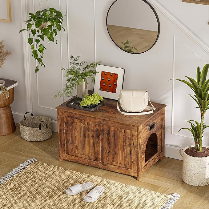DINZI LVJ Cat Litter Box Enclosure, Flip Top Litter Box Furniture, Farmhouse Hidden Cat Washroom, Wooden Pet House, End Side Table, 31.5"L x 19.7"W x 19.7"H, Sturdy and Easy to Assemble, Rustic Brown