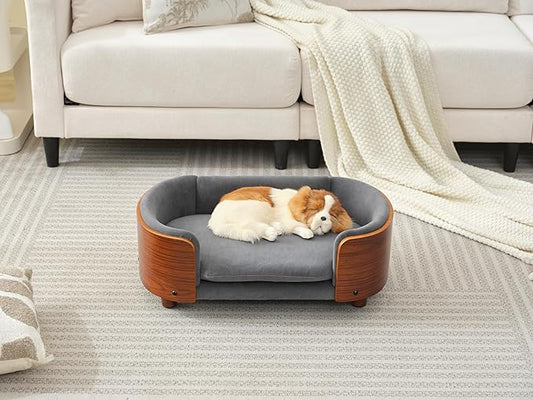 HomSof 26.38" Scandinavian Style Elevated Dog Cat Bed Pet Sofa with Solid Wood Legs and Bent Wood Back with Velvet Cushion,Small Size,Grey+Brown