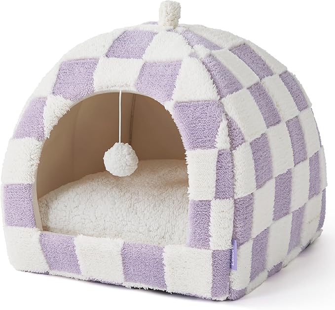 Lesure Cute Cat Beds for Indoor Cats - 2 in 1 Large Cat Cave Bed with Removable Washable Cushioned Pillow, Cozy Kitten with Non-Slip Bottom, Purple, 17.3 inches
