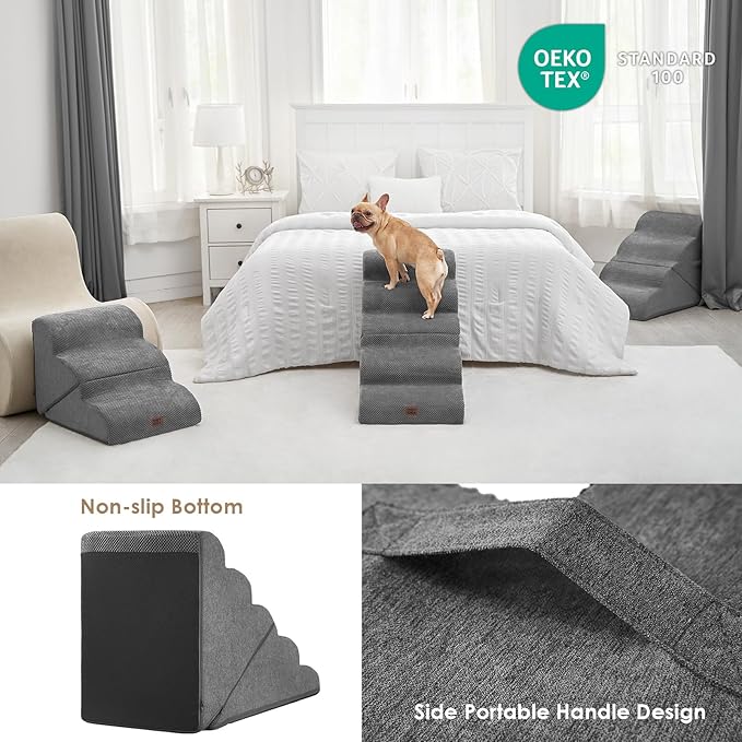 EHEYCIGA Curved Foldable Dog Stairs Ramp for High Beds 22.5" H, 5-Step Dog Steps for Small Dogs and Cats, Pet Stairs for High Bed Climbing, Non-Slip Balanced Pet Step Indoor, Grey