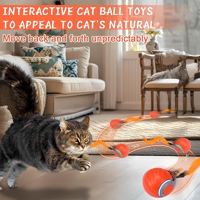 BABORUI Interactive Cat Toy Ball - Automatic Interactive Cat Toys for Indoor Cats with 3 Tails, 2 Speeds Rechargeable Enrichment Toys for Small/Medium/Large to Keep Them Busy (Orange)