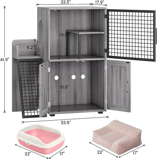 Cat Litter Box Furniture, Modern Cat Cabinet with Side Door, Double Layer Hidden Litter Box Enclosure & Pet House, Villa Style Cabinet with Side Door and Ladder for Indoor Cats