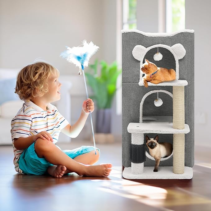 YITAHOME 3-Tier Cat House, Cat Beds for Indoor Cats, Modern Cat Condo with Highway Cave, Scratch & Itching Post, Climbing Stand, Cat Cube Playhouse for Multi Kittens, Grey