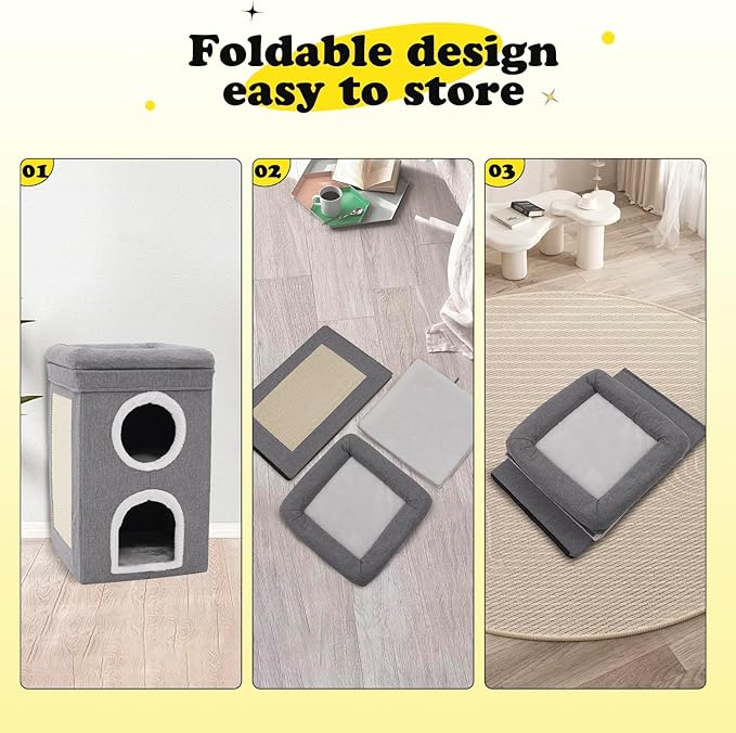 3-Level Cat House for Indoor, Covered Cat Condo with Scratch Pad and Hideaway Cave, Cat Bed &Furniture for Multi Pets and Large Cats, 15.3 * 15.3 * 26 inches,Grey