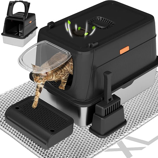 Citylife Stainless Steel Cat Litter Box with Lid,XL Extra Large Enclosed Removable Metal Litter Box with Litter Scoop&Double Layer Litter Mat,Non-Sticky,Non-Odor,Easy Cleaning, for Big Cats,Black