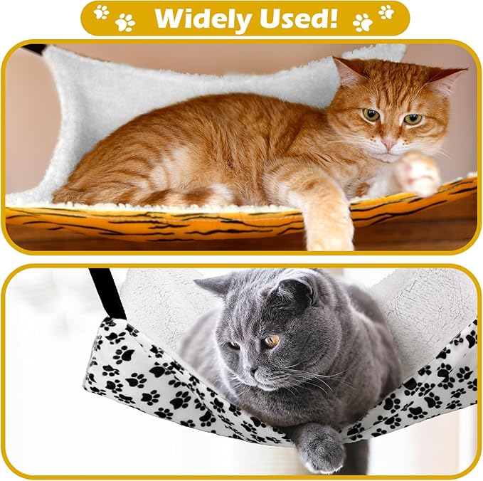 2 Pieces Reversible Cat Hanging Hammock Soft Breathable Pet Cage Hammock with Adjustable Straps and Metal Hooks Double Sided Hanging Bed for Small Dogs Rabbits(Zebra and Cat Paw Print,M)