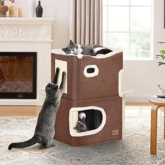 YITAHOME 2-Tier Cat House, Cat Beds for Indoor Cats, Small Cat Condo with Scratch Post, Hideaway Cave, Climbing Stand, Modern Cat Cube Playhouse for Multi Kittens, Brown