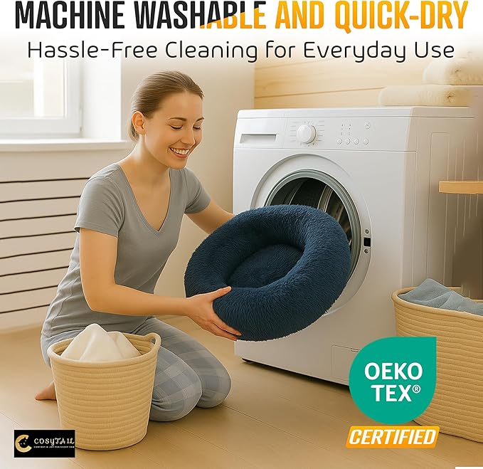 Anti-Anxiety Donut Pet Bed, Round Plush Faux Fur, Washable, Deep Blue, Small to Medium Dogs and Cats (Deep Blue, Large)