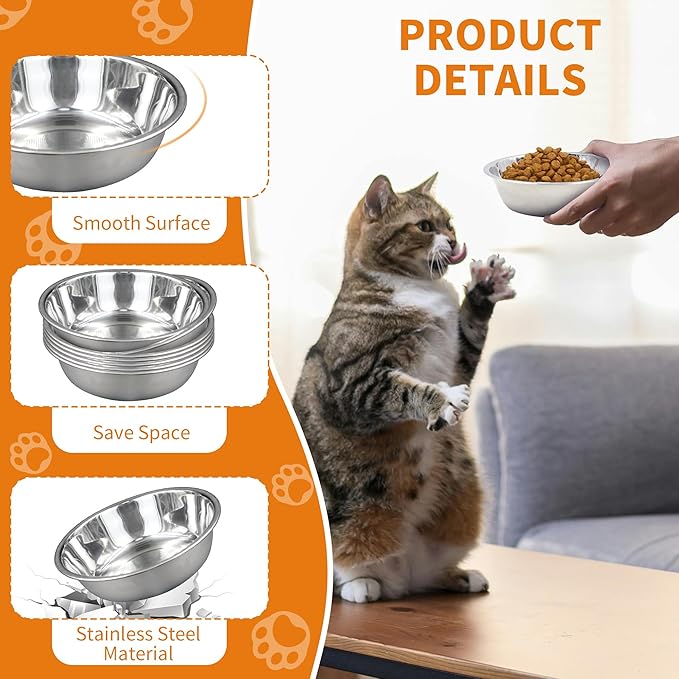 10 pcs Stainless Steel Cat Bowls for Indoor Cats, 5.5" Small Dog Water Bowl, 12 Oz Metal Cat Food Bowl Shallow Pet Bowls, Easy to Clean Dog Dishes for Food and Water (10Pcs)
