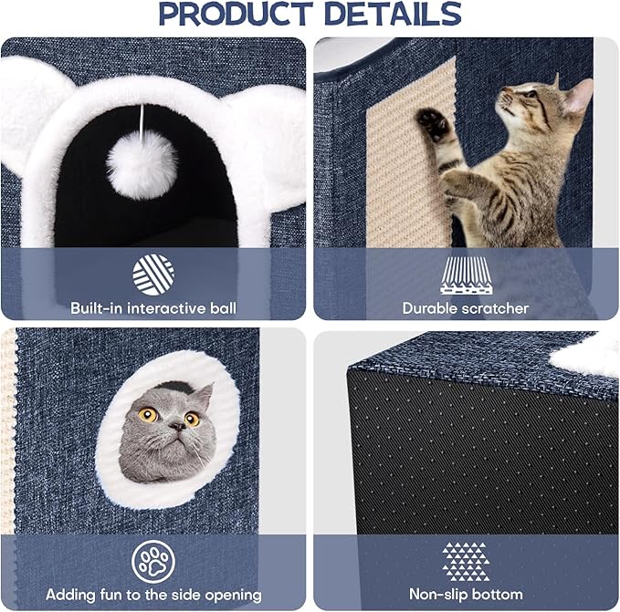 Cat Beds for Indoor Cats, Large Cat House Foldable Cat Cave with Scratch Pad and Hanging Fluffy Ball, Reversible Cushion Hideaway for Pet Cats, 16.5x16.5x13.2 inches, Dark Blue