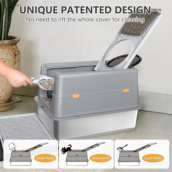 Stainless Steel Litter Box with Lid, XXL Extra Large Metal Cat Litter Boxes for Big Cats Enclosed, Easy to Scoop with Litter Scoop Set, High Sides Enclosure Anti-Urine Leakage Non-Sticky, Grey