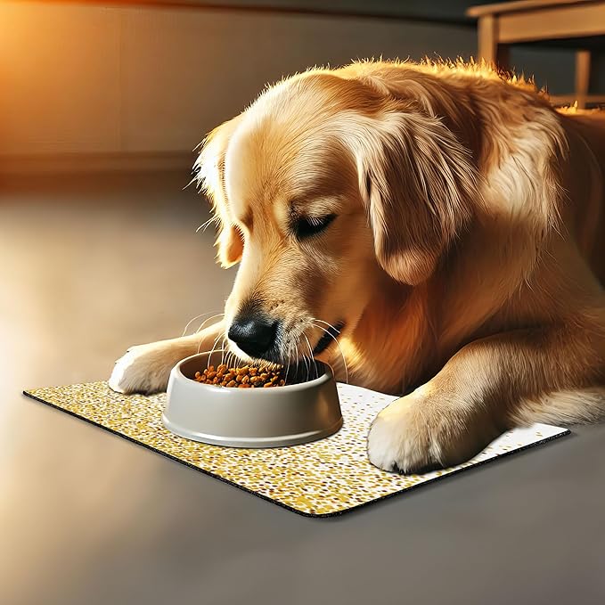 Lunarable Abstract Pet Mat for Food and Water, Party Inspired Cheerful Circles and Rounds Falling Down Effect Print, Non-Slip Rubber Mat for Dogs and Cats, 18" X 12", Orange Yellow