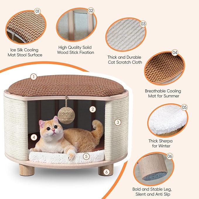 Solid Wood Cats House Stool, 300-lb Capacity. Large Cat Bed Cave for Indoor Cats & Humans. Cat Toy Ball, Removable Scratching Pad, Fleece Blanket. Suitable for Pets Under 20 lbs. 15.7"x15.7"x10.6"