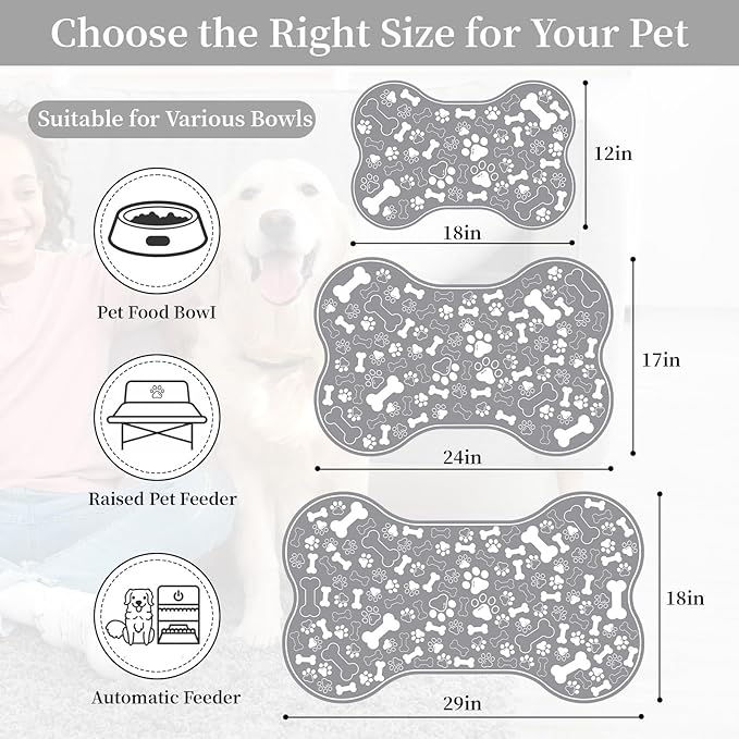 Dog & Cat Food Mat Bone Shaped Pet Feeding Mat Quick Absorb Water Bowl Placemat with Rubber Backing Indoor Floor Stain Resistant Pet Accessory Supplies (Grey, 17x29 Inches)