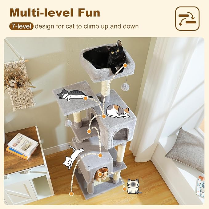 PAWZ Road Cat Tree Tower 62 Inches Cat Tree with 2 Condos,2 Large Perch,4 Scratching Posts & 1 Scratching Board, and 2 Hanging Balls for Indoor Cats-Grey