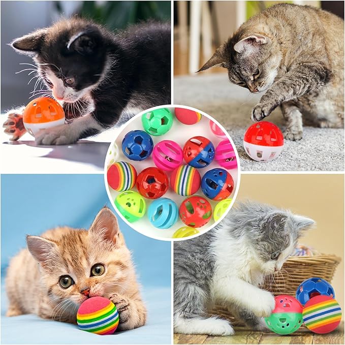 24pcs Value Pack Plastic Ball Cat Toys Lattice Balls with Bell Jingle Kitten Toy Rainbow Ball, Gift Box Styles