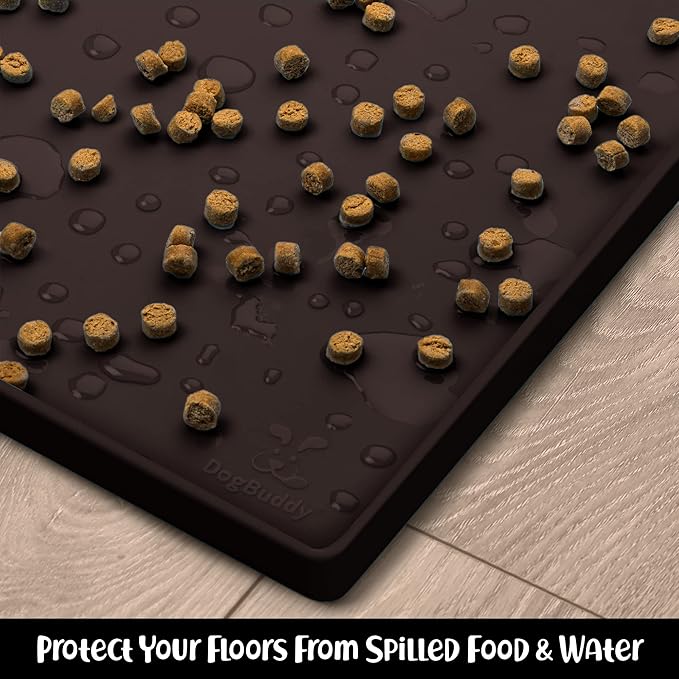 DogBuddy Dog Food Mat – Waterproof Dog Bowl Mat for Food and Water, Silicone Pet Feeding Mats for Floors, Non-Slip Placemat with High Edges for Dogs Bowls, Puppy Essentials (M: 21” x 14”, Coffee)