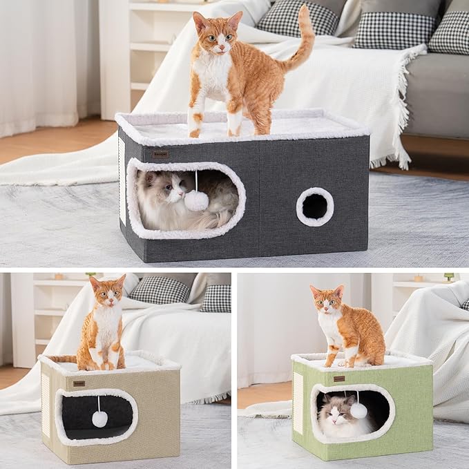 Cat Bed for Indoor Cats Cube House, Covered Cat Cave Beds & Furniture with Scratch Pad and Hideaway Tent, Cute Modern Cat Condo for Multi Small Pet Large Kitten Kitty, Large, Grey