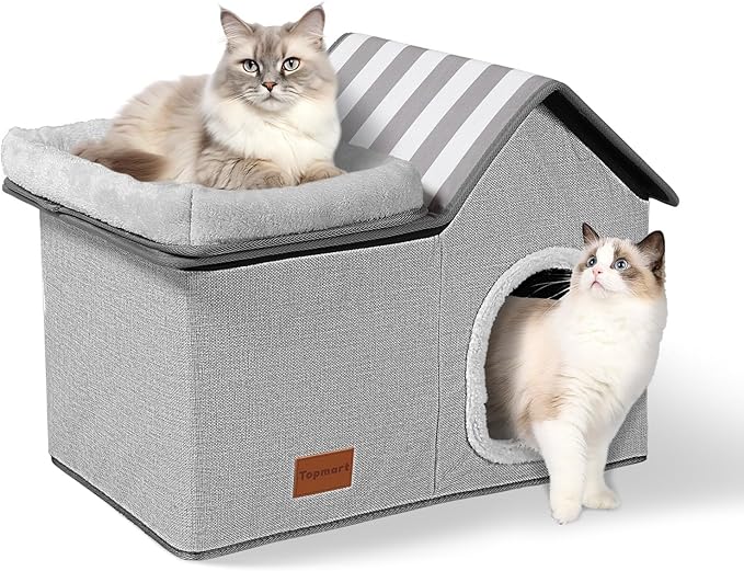Topmart Cat House With Bed - Large Indoor Condo, 2-in-1 Pet Bed for Kittens and Small Cats, Grey