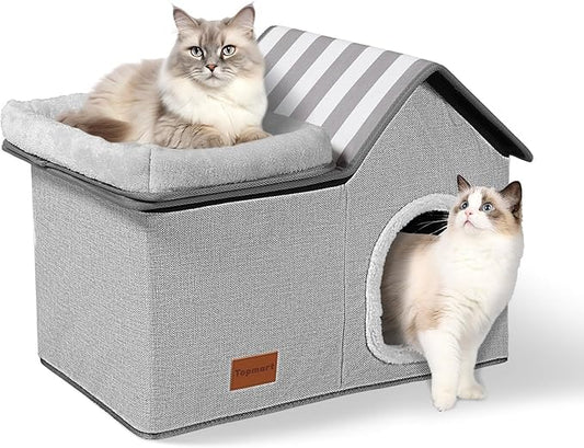 Topmart Cat House With Bed - Large Indoor Condo, 2-in-1 Pet Bed for Kittens and Small Cats, Grey