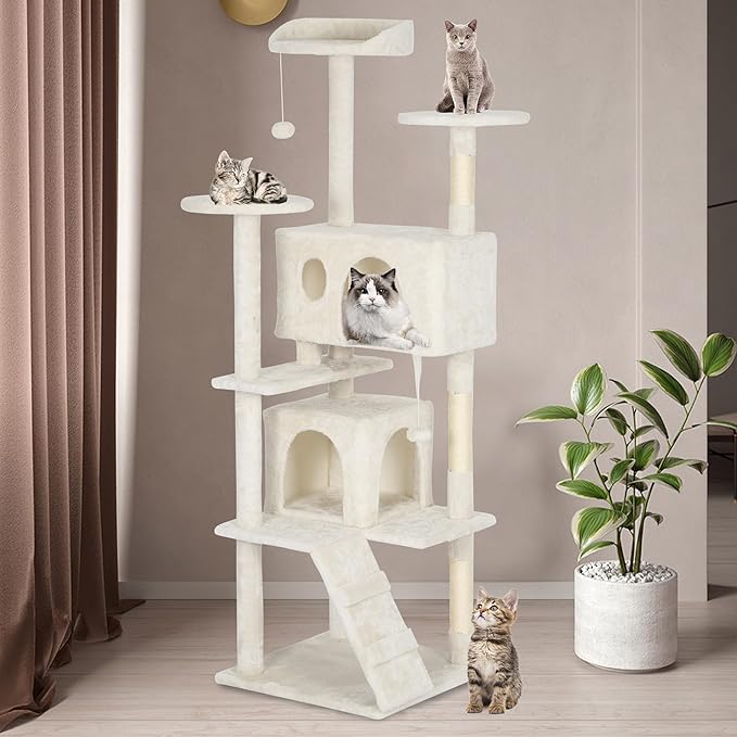 BestPet 62in Cat Tree Tower for Indoor Cats,Multi-Level Cat Furniture Activity Center with Cat Scratching Posts Stand House Cat Condo with Funny Toys for Kittens Pet Play House,Beige