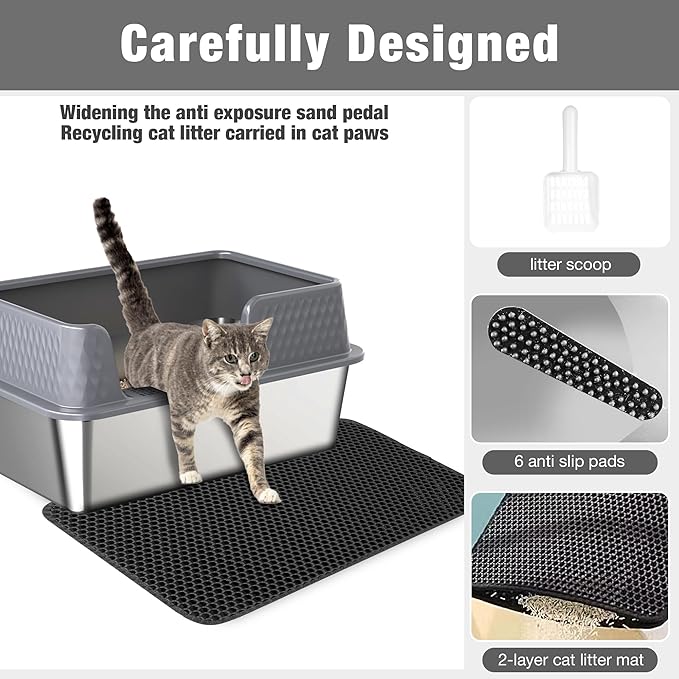 Suhaco Stainless Steel Litter Box Side Entry, Kitty Black Litter Mat and White Scoop Included Covered Metal High Sided Large Cat Litter Box with Lid Removable Enclosure for Medium Cats (Grey)