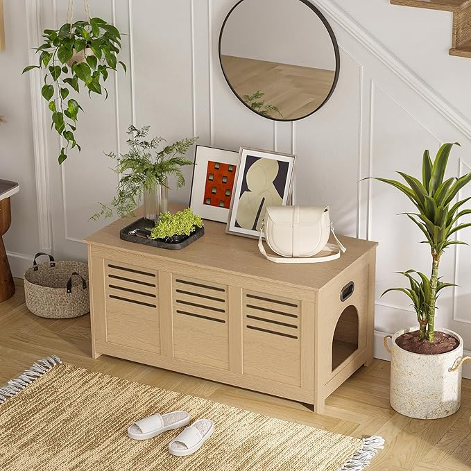 DINZI LVJ Litter Box Enclosure, Flip Top Litter Box Furniture, Hidden Cat Washroom, Wooden Cat House, End Table, 39.4" L x 19.7" W x 19.7" H, Good Ventilation, Easy to Assemble, Natural