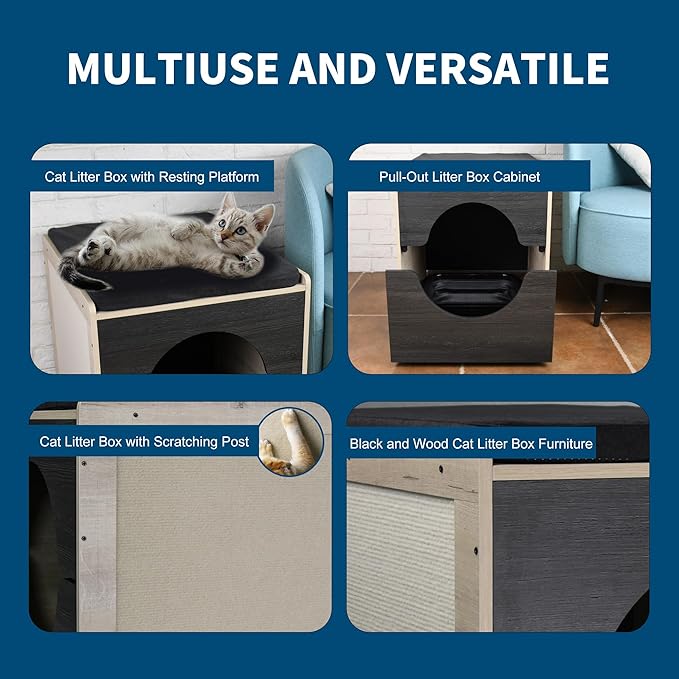 Modern Cat Bed Furniture with Scratching Post - Pull-Out Enclosure & Soft Cushion, Space-Saving Side Table for Indoor Cats, Black/Natural Wood (23.5" x 19.7" x 21.7")