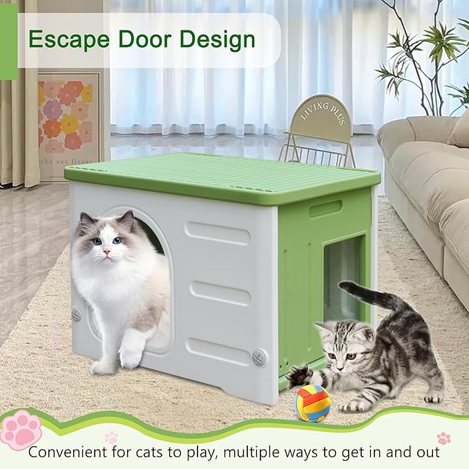 Plastic Cat House Outdoor & Indoor, Waterproof Feral Cat Houses with Escape Door, Sturdy Outdoor Cat House with Bed Mat, Outside Cat Shelter for Small Pet, Assemble and Clean Easily-Green