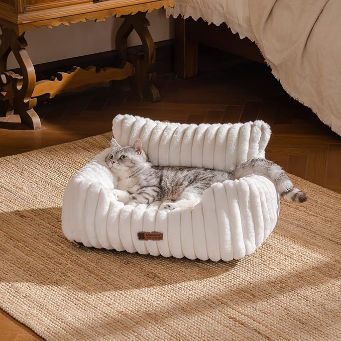 MEWOOFUN Cat Beds for Indoor Cats, Fluffy Cat Couch with Removable Washable Cover, Supportive Small Dog Beds for Puppy & Kitten up to 15 lbs (Beige, 24x19x12)