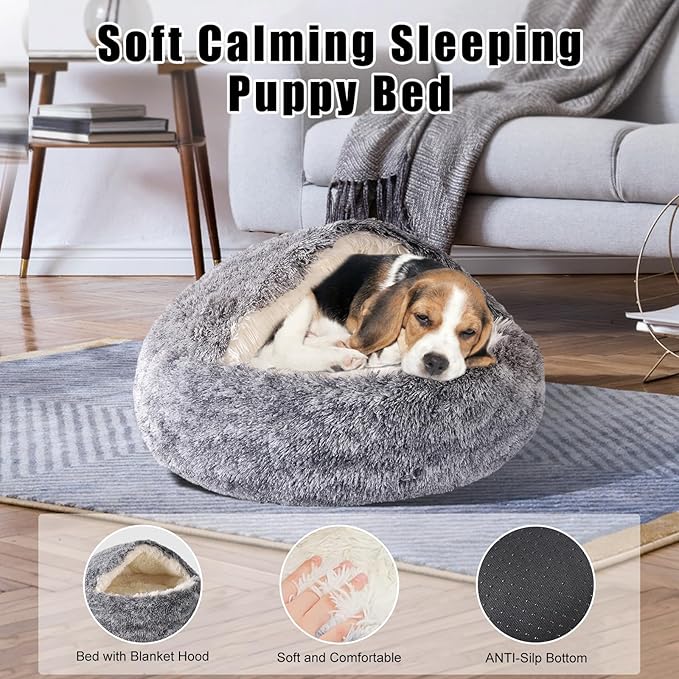 Cat Beds for Indoor Cats,Cat Cave for Puppy and Kitty,Calming Small Dog Bed for Small Dogs with Cover Cave,Cozy Warming Fluffy Washable Anti-Slip Pet Sleeping Bag(24 * 24inch,Grey)