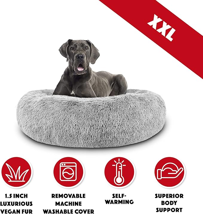 The Dog’s Bed Sound Sleep Donut Dog Bed, XXL Silver Grey Fur Calming Nest Bed Removable Cover, Veterinary Approved