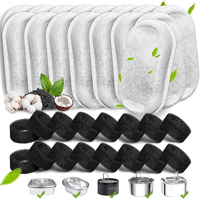 Cat Water Fountain Filters, 32 Pack Cat Replacement Filters for Stainless Steel 108oz/3.2L& 67oz/2L adjustable Flow Pet Water, Dog Fountain Filter(16+16 Pack)