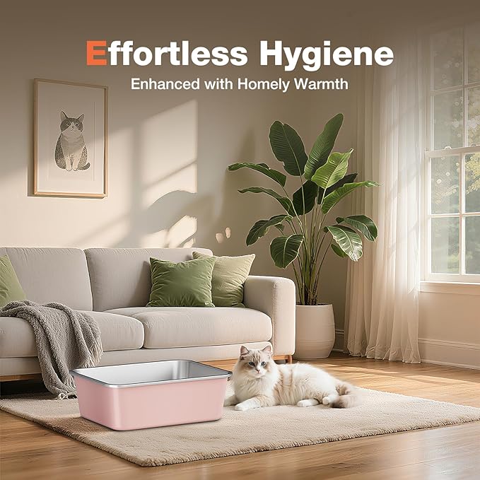 Stainless Steel Litter Box, Large Metal Cat Litter Box with High Sided for Big and Small Cats, Non-Stick, Easy to Clean, Odor-Free, 23.4" L×15.6" W×7.8" H, Blush Pink