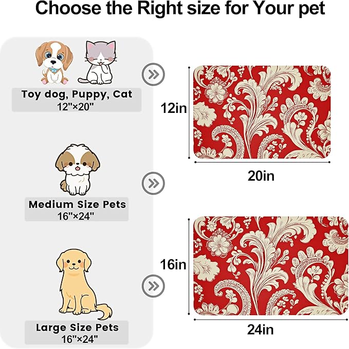Red White Paisley Dog Food Mat-Absorbent Pet Feeding Mat for Food and Water Bowl, Quick Dry Dog Placemat with Rubber Backing-No Stains Pet Supplies for Messy Drinkers 12"x20"