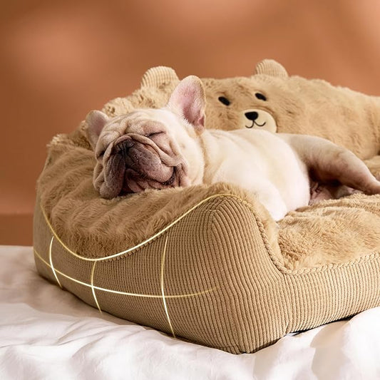 LE SURE Cute Cat Couch for Pets - Fluffy Original Bear Design for Small Dog Bed, Supportive Dog Couch with Removable Washable Cover, Puppy Bed for Small and Medium Dogs, 28inch, Almond