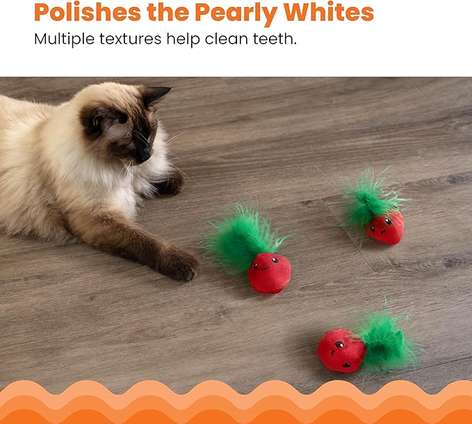 Catstages Strawbabies 3-Pack Catnip Cat Toys for Dental Health, Feather & Crinkle Teething Toys for Kittens and Indoor Cats, Interactive Play, Pink