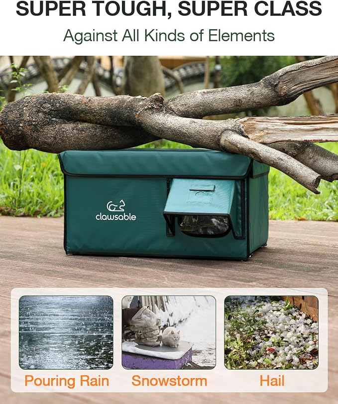 Indestructible Heated Cat House for Outside Cats Winter, 100% Weatherproof, Safe Escape Door, Insulated Outdoor Cat Shelter with Heater for Feral Barn Cat Kitty (Forest Green, 26"x16"x14")