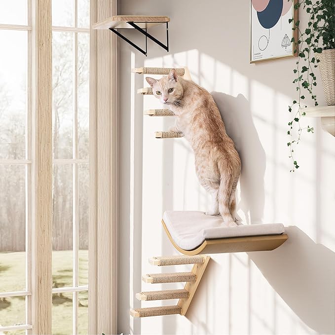 Wooden Cat Wall Steps Shelves Set, Wall Mounted Cats Shelves with Foam Cushion Bed, Flat Perch & 2 Four-Step Cat Ladders for Climbing
