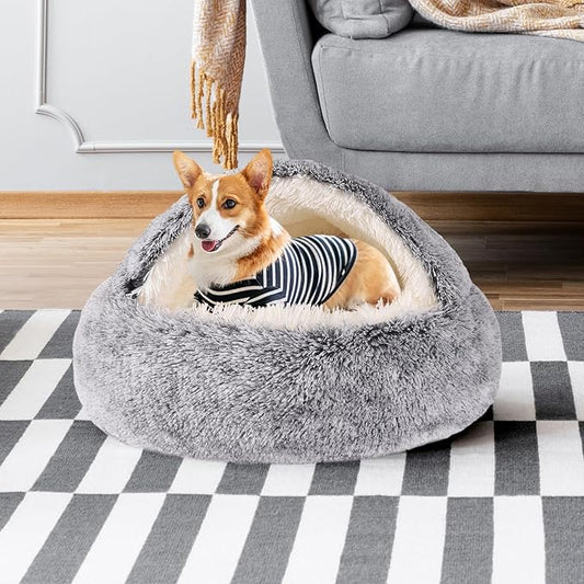 Round Hooded Cat & Dog Bed with Cover Cave, Faux Fur Cuddler - Self Warming Donut Bed Fits up to 22 lbs Pets (Gray, 24" x 24")