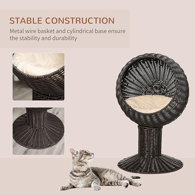 PawHut Elevated Cat Bed with Rotatable Egg Chair Pod, Cat Basket Bed with Thick Cushion, Natural Mat Grass Woven Kitty House, Coffee